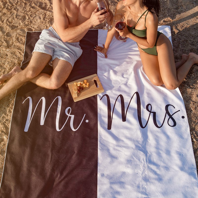 Ethisa Mr and Mrs Beach Towel - Honeymoon Just Married Towel For Beach - Wedding Gift for Newlywed Couple - Shareable Bride and Groom Towel Set - Thin Travel Friendly His and Her Beach Towel - 78"x59" - Image 3