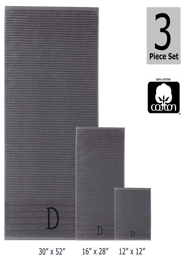 COTTON CRAFT Monogrammed 3 Piece Towel Set - 100% Cotton - Plush 600 GSM Sculpted Ribbed Super Zero Twist Bathroom Set - 1 Each of Bath, Hand, and Wash Towels - Soft Absorbent Luxury - Grey D - Image 3