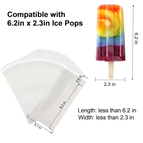 Miaowoof 200PCS Popsicle Bags Sealable, Ice Pop Bags For Ice Cream, Self-adhesive Clear Popsicle Wrappers, 6.3" x 3.2" Disaposable - Image 4