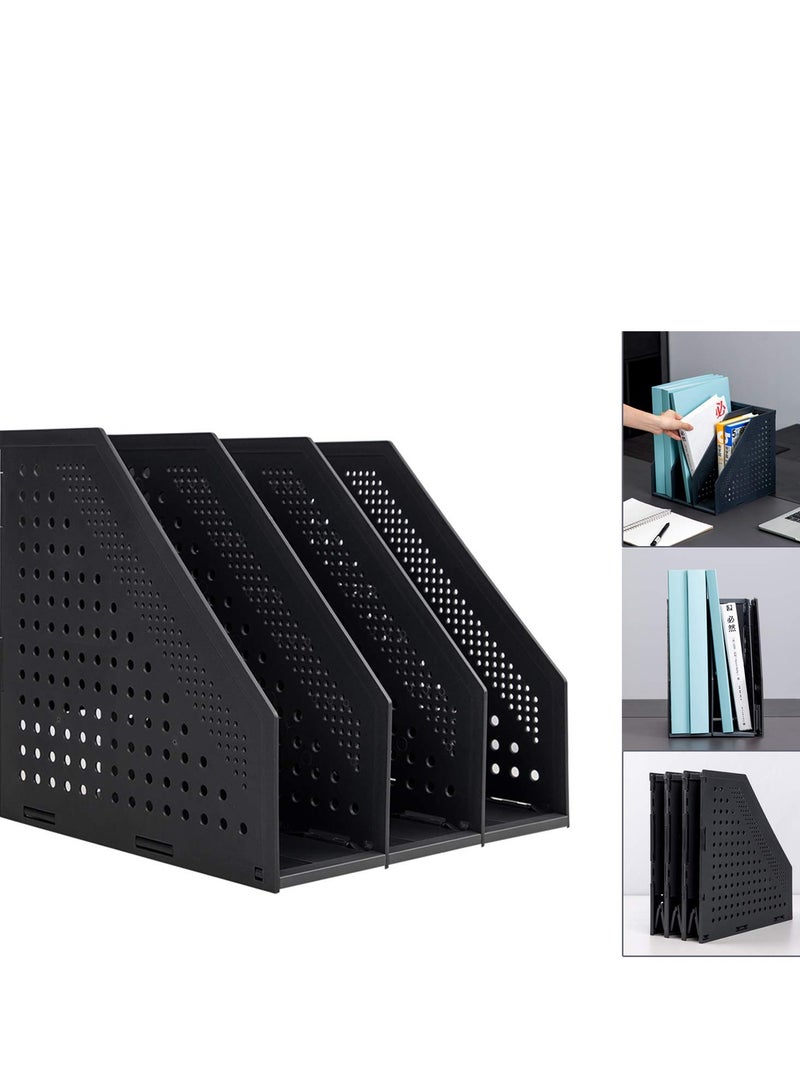 Excefore Collapsible Magazine File Holder, Desk Organizer for Office, School, and Home, Vertical Binder Storage with 3 Compartments, Sturdy Upright Desktop Folder Rack (Black, 1 Pc)  - Image 1