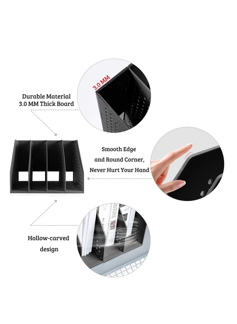 Excefore Collapsible Magazine File Holder, Desk Organizer for Office, School, and Home, Vertical Binder Storage with 3 Compartments, Sturdy Upright Desktop Folder Rack (Black, 1 Pc)  - Image 3