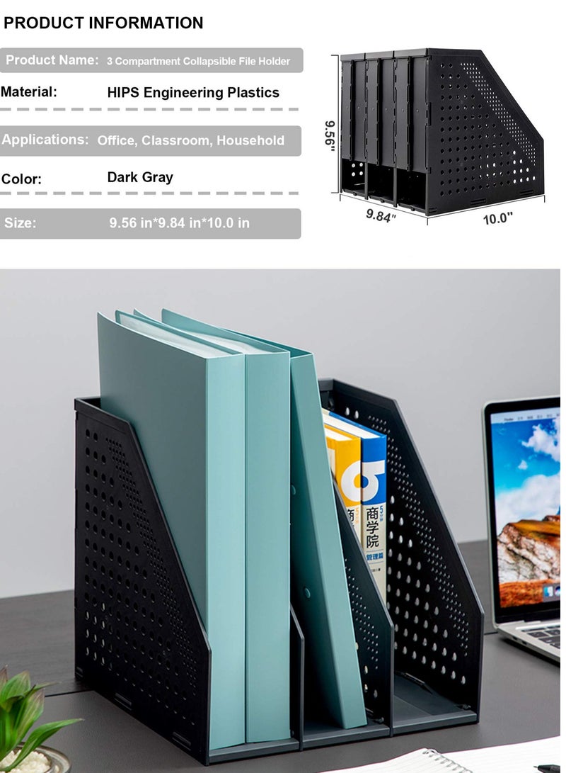 Excefore Collapsible Magazine File Holder, Desk Organizer for Office, School, and Home, Vertical Binder Storage with 3 Compartments, Sturdy Upright Desktop Folder Rack (Black, 1 Pc)  - Image 4