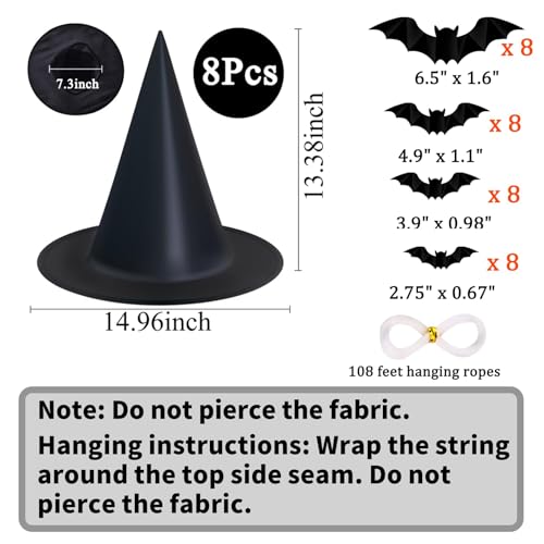 Tepoobea Halloween Decorations Black Witch Hats, 8 Pack Hanging Witches Hats & 32Pcs 3D Bats Halloween Decorations Outdoor Indoor - Image 3