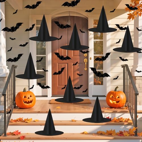 Tepoobea Halloween Decorations Black Witch Hats, 8 Pack Hanging Witches Hats & 32Pcs 3D Bats Halloween Decorations Outdoor Indoor - Image 1