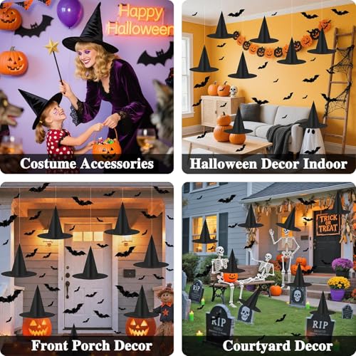 Tepoobea Halloween Decorations Black Witch Hats, 8 Pack Hanging Witches Hats & 32Pcs 3D Bats Halloween Decorations Outdoor Indoor - Image 2
