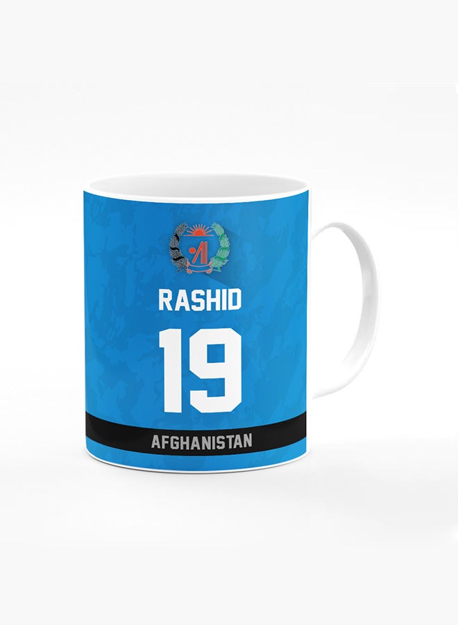 Stylizedd Designer Printed Coffee Mug with Heavy Duty Handle 11oz Ceramic Personalised Gift Mugs Cup - Cricket Player - Rashid Khan, Jersey Number - 19 (With Logo) - Image 1