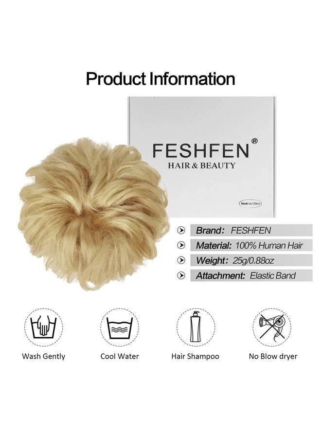 FESHFEN Human Messy Buns - 100% Human Hair Bun Real Scrunchies Hair Pieces Ponytail Extensions Wavy Tousled Updo Chignon Hairpieces for Women, Light Blonde - Image 5