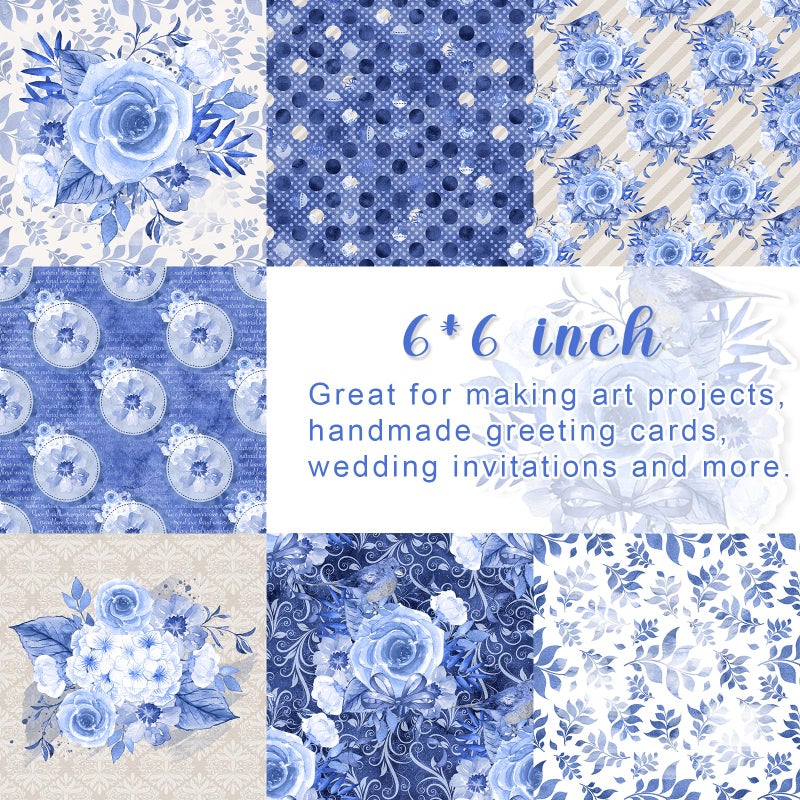 Naszonus 28 Sheets Scrapbook Paper, Floral Scrapbooking Specialty Papers 160gsm Cardmaking Craft Paper Pack Decorative Paper for Card Making (6"X6" Inch, Blue Flowers) - Image 4
