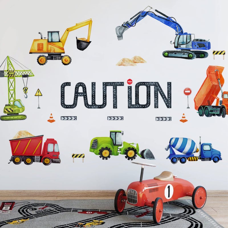 Mfault Baby Boys Construction Caution Vehicle Wall Decals Stickers Large Trucks Tractor Excavator City Nursery Playroom Decorations Kids Room Art Classroom Bedroom Home Decor Birthday Gift