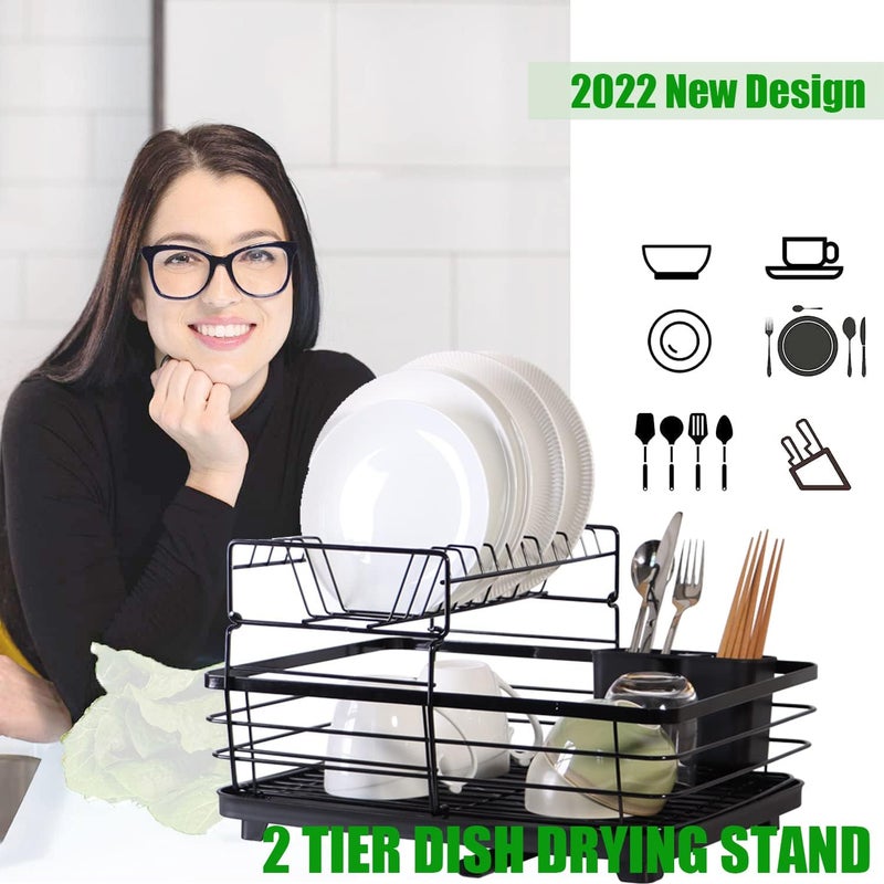 Rness Dish Drying Stand Over Sink, 2 Tier Large Capacity Organizer Rack for Kitchen with Utensil Holder, Plate Stand Holder, Countertop, Antibacterial, Black - Image 2