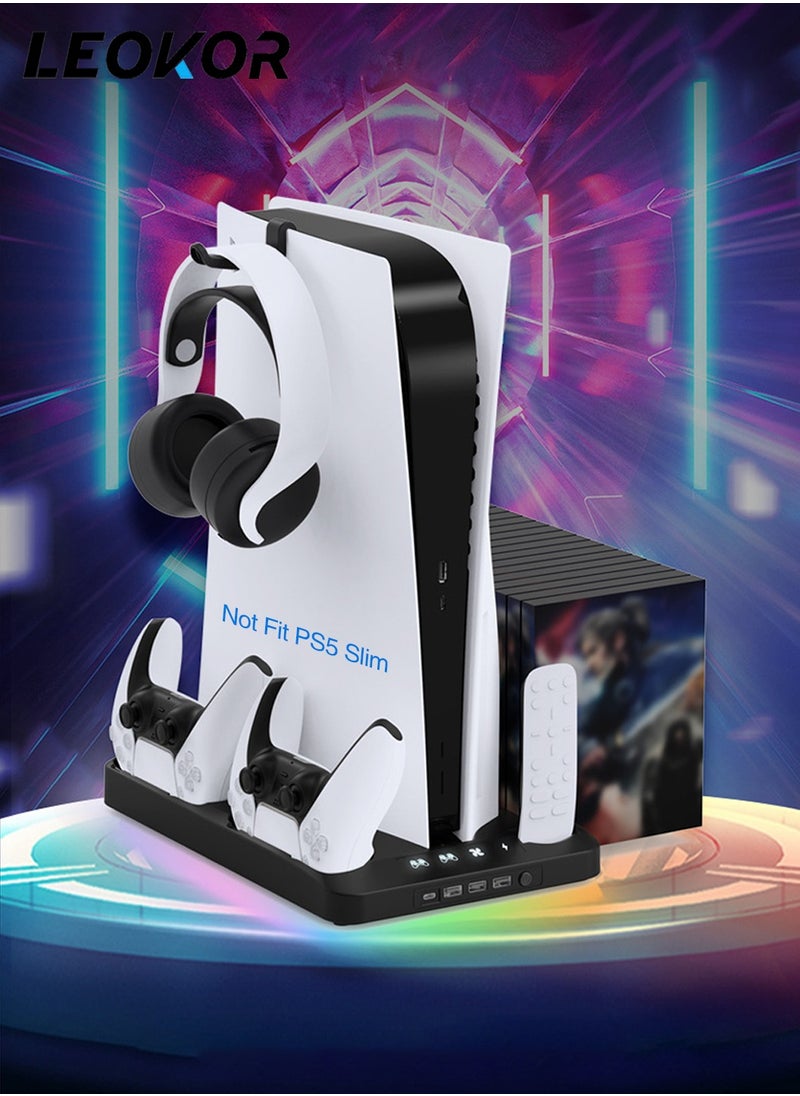 LEOKOR PS5 Charging Station,with Cooling Station/Dual Controller Charging Station and RGB Light,for PS5 Digital Edition/PS5 Disc Version and Game Disc Storage Bracket(Not Fit 2023 PS5 Slim Disc/Digita)  - Image 1