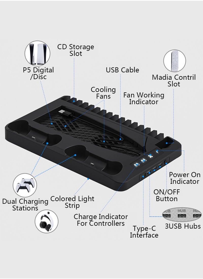 PS5 Charging Station,with Cooling Station/Dual Controller Charging Station and RGB Light,for PS5 Digital Edition/PS5 Disc Version and Game Disc Storage Bracket(Not Fit 2023 PS5 Slim Disc/Digita)