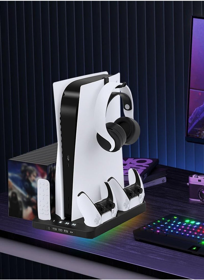 PS5 Charging Station,with Cooling Station/Dual Controller Charging Station and RGB Light,for PS5 Digital Edition/PS5 Disc Version and Game Disc Storage Bracket(Not Fit 2023 PS5 Slim Disc/Digita)