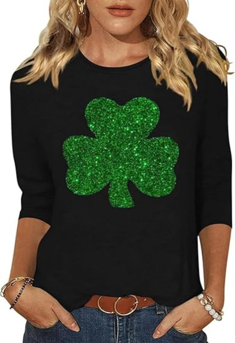 TIXOM Women's Funny Gillter Shamrock 3/4 Crewneck Shirt St.Patrick's Day Funny Lucky Irish Graphic Tee Holiday Spring Party Tops(L,01Black)