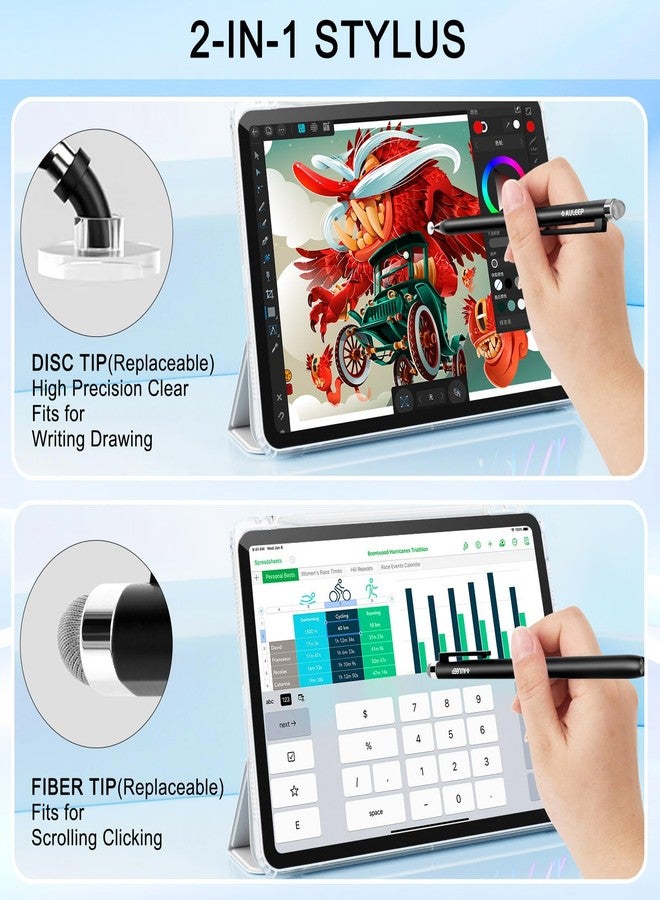 AULEEP قلم أويليب 2 في 1 (رأس ألياف ورأس قرص) أقلام ستايلس لشاشة اللمس، حساسية عالية ودقة قلم ستايلس سعوي لجميع شاشات اللمس والأجهزة اللوحية/آيفون/آيباد/سامسونج (2 قطعة - أسود/أبيض) - Image 3