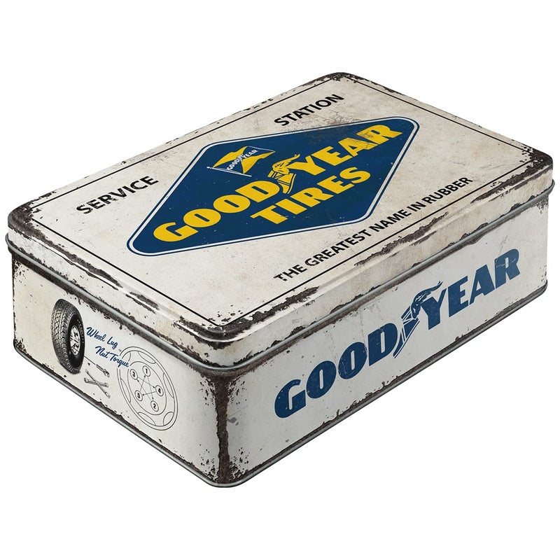 NostalgicArt Retro storage tin box flat 845 oz Goodyear Logo White Gift idea for motor fans Official License Product OLP metal can with lid vintage design