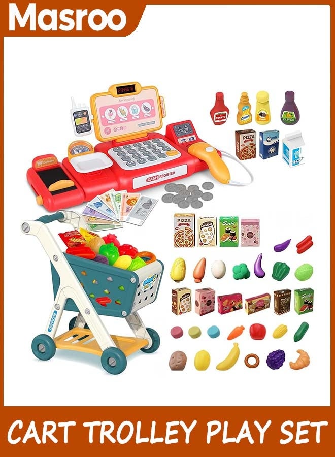Masroo Shopping Cart Trolley Play Set and Pretend Play Calculator Cash Register Toy with Pretend Food and Accessories,Perfect for Ages 3+ Pretend Play and Role-Playing Games - Image 1