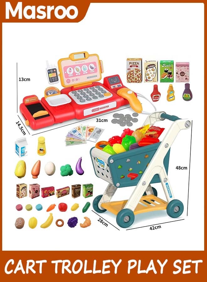 Masroo Shopping Cart Trolley Play Set and Pretend Play Calculator Cash Register Toy with Pretend Food and Accessories,Perfect for Ages 3+ Pretend Play and Role-Playing Games - Image 5
