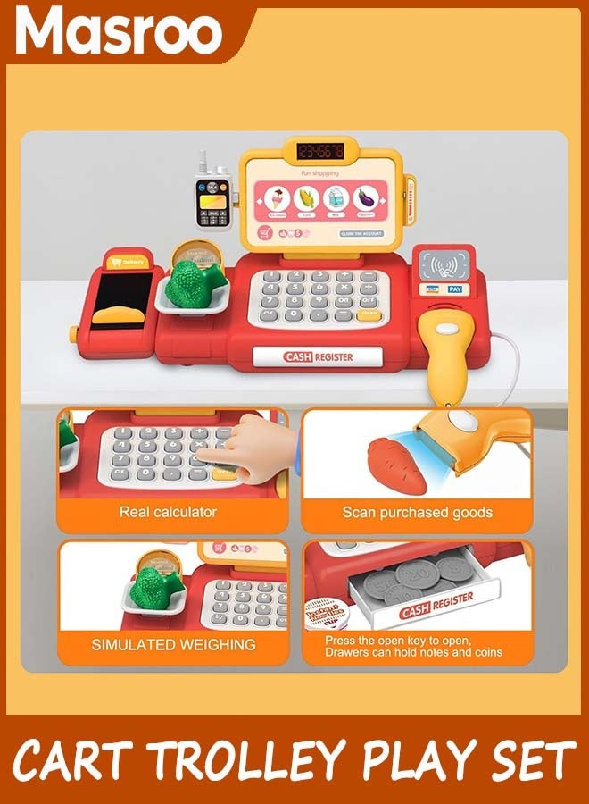 Masroo Shopping Cart Trolley Play Set and Pretend Play Calculator Cash Register Toy with Pretend Food and Accessories,Perfect for Ages 3+ Pretend Play and Role-Playing Games - Image 2