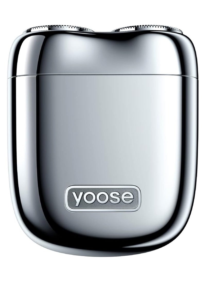 Yoose Mini Shaver On-The-Go, Portable Alloy Electric Shaver for Men, Cordless Travel Shavers, Dry Shave, USB-C Rechargeable Electric Razor, IPX7 Waterproof, Easy Cleaning, Battery Indicator, Silver - Image 1