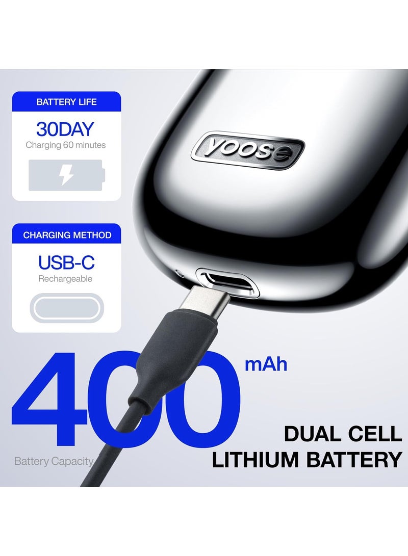 Yoose Mini Shaver On-The-Go, Portable Alloy Electric Shaver for Men, Cordless Travel Shavers, Dry Shave, USB-C Rechargeable Electric Razor, IPX7 Waterproof, Easy Cleaning, Battery Indicator, Silver - Image 3