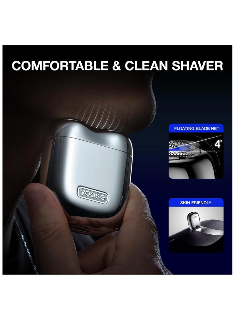 Yoose Mini Shaver On-The-Go, Portable Alloy Electric Shaver for Men, Cordless Travel Shavers, Dry Shave, USB-C Rechargeable Electric Razor, IPX7 Waterproof, Easy Cleaning, Battery Indicator, Silver - Image 2