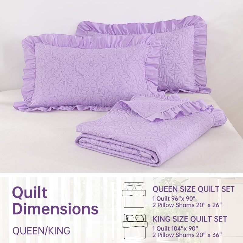 DJY Queen Quilt Set Bedspread Bedding Set, Purple Lavender Ruffled Lightweight Soft Coverlet, Basket Weave Quilted Blanket Thin Quilt Bed Cover for All Season - 3 Piece - Image 5
