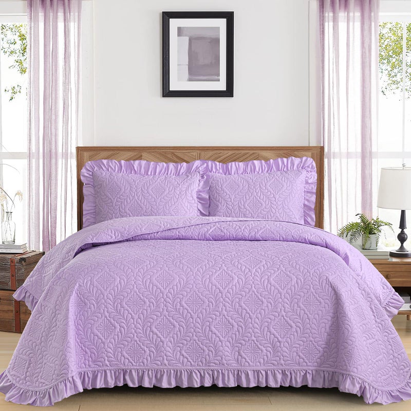 DJY Queen Quilt Set Bedspread Bedding Set, Purple Lavender Ruffled Lightweight Soft Coverlet, Basket Weave Quilted Blanket Thin Quilt Bed Cover for All Season - 3 Piece - Image 1