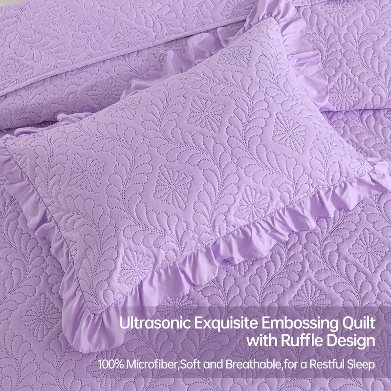 DJY Queen Quilt Set Bedspread Bedding Set, Purple Lavender Ruffled Lightweight Soft Coverlet, Basket Weave Quilted Blanket Thin Quilt Bed Cover for All Season - 3 Piece - Image 2