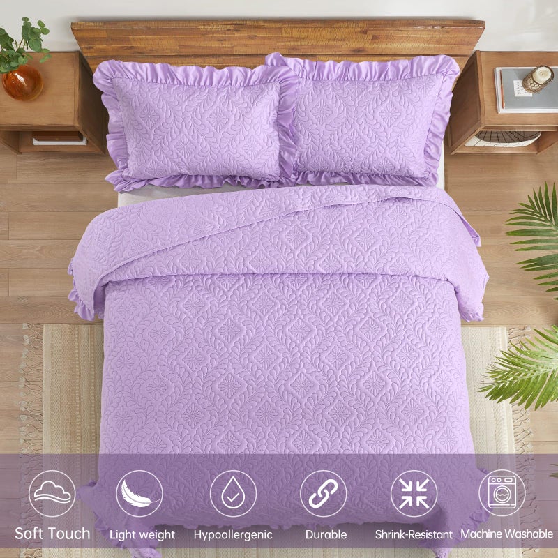 DJY Queen Quilt Set Bedspread Bedding Set, Purple Lavender Ruffled Lightweight Soft Coverlet, Basket Weave Quilted Blanket Thin Quilt Bed Cover for All Season - 3 Piece - Image 3