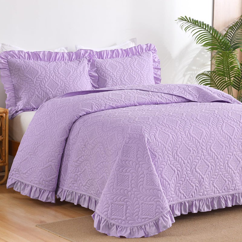 DJY Queen Quilt Set Bedspread Bedding Set, Purple Lavender Ruffled Lightweight Soft Coverlet, Basket Weave Quilted Blanket Thin Quilt Bed Cover for All Season - 3 Piece - Image 4