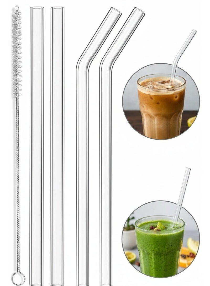5PCS Reusable Borosilicate Glass Straw Set – 4 Premium Clear Glass Drinking Straws 20 cm (2 Straight & 2 Bent) with Cleaning Brush, BPA-Free Heat Resistant Reusable Glass Straws for Smoothies, Milkshakes, Juice, Iced Coffee, Tea, Cocktails & Hot or Cold Drinks, Dishwasher Safe Eco-Friendly Drinking Straws - Image 1