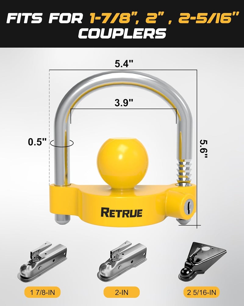 RETRUE Universal Coupler Lock Trailer Locks Ball Hitch Trailer Hitch Lock Adjustable Security Heavy-Duty Steel Fits 1-7/8 Inch, 2 Inch, 2-5/16 Inch Couplers, Bright Yellow, Light Weight - Image 3