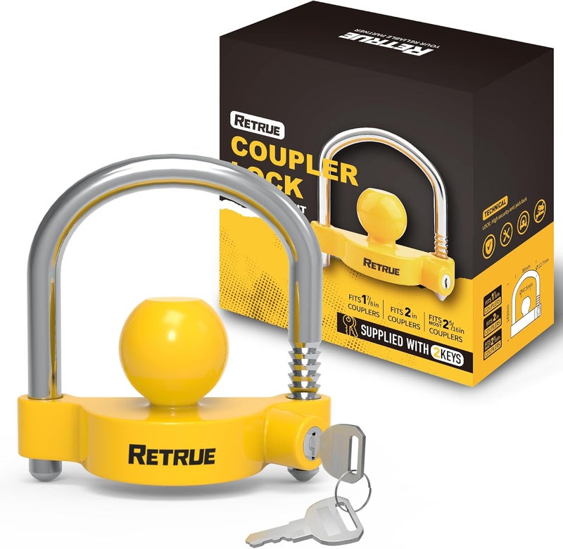 RETRUE Universal Coupler Lock Trailer Locks Ball Hitch Trailer Hitch Lock Adjustable Security Heavy-Duty Steel Fits 1-7/8 Inch, 2 Inch, 2-5/16 Inch Couplers, Bright Yellow, Light Weight - Image 1