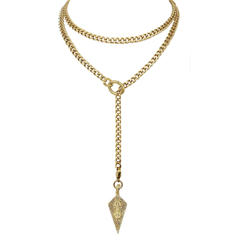 EverGlimp Knight's Shield Slip Chain Choker with Diamond Relief Pendant, Adjustable Long Y-Lariat Necklace for Women in 18K Gold Plated, 39'' - Image 1