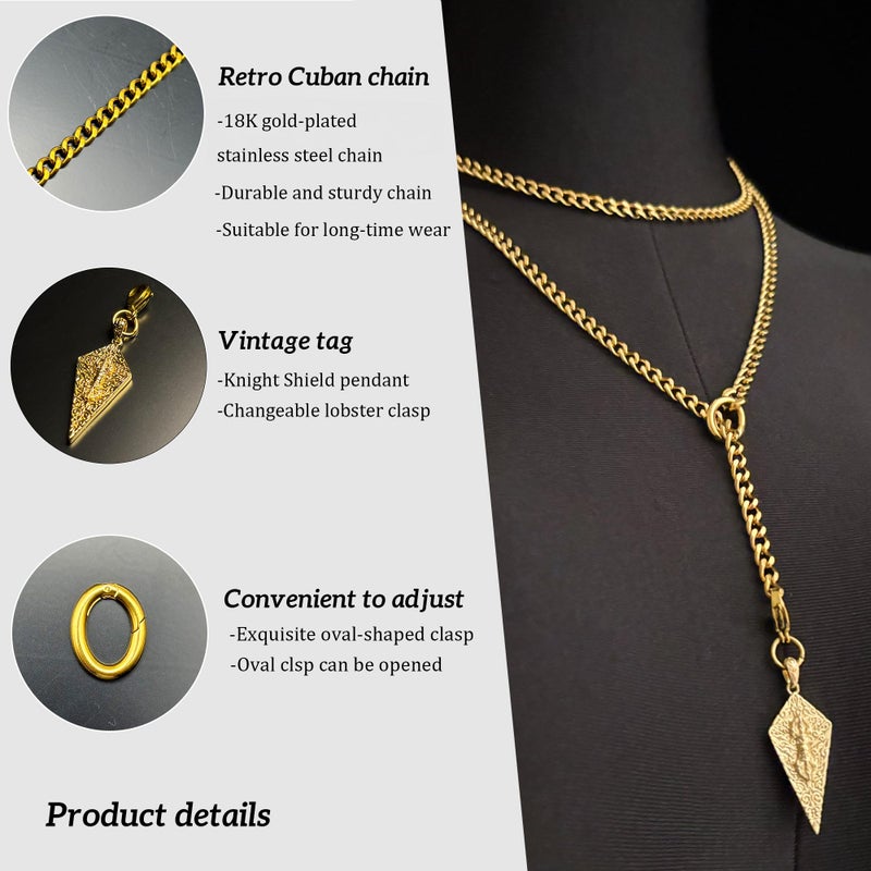 EverGlimp Knight's Shield Slip Chain Choker with Diamond Relief Pendant, Adjustable Long Y-Lariat Necklace for Women in 18K Gold Plated, 39'' - Image 3