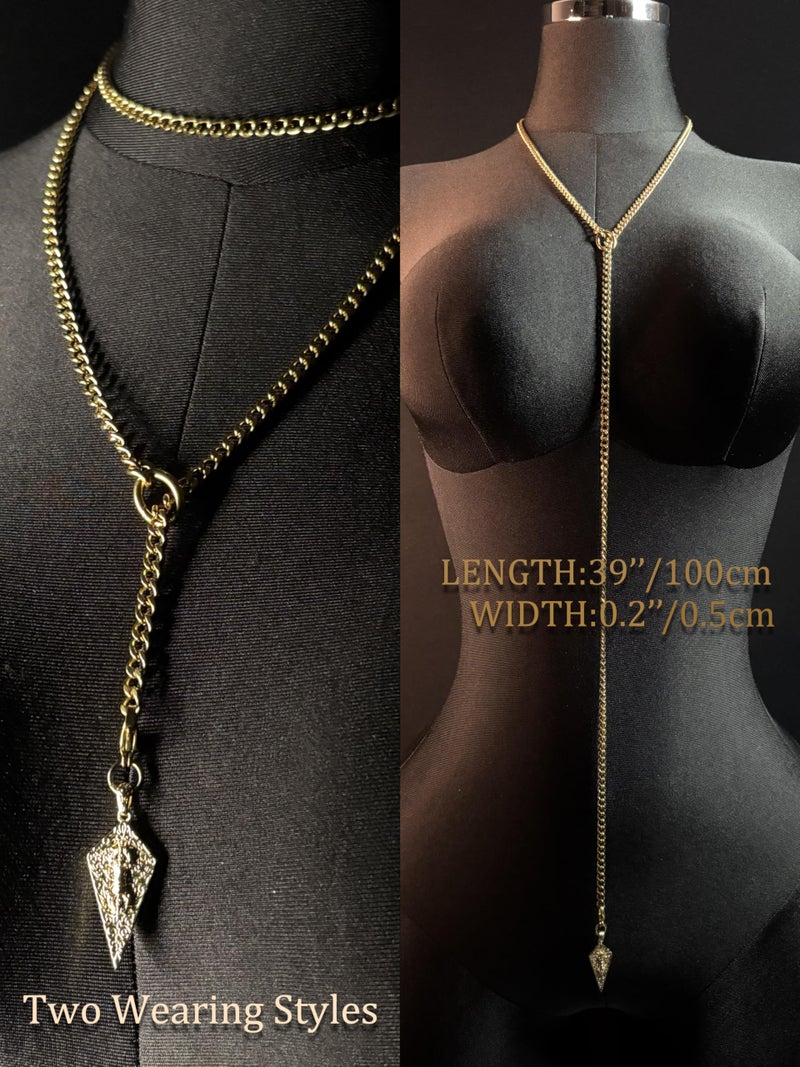 EverGlimp Knight's Shield Slip Chain Choker with Diamond Relief Pendant, Adjustable Long Y-Lariat Necklace for Women in 18K Gold Plated, 39'' - Image 5