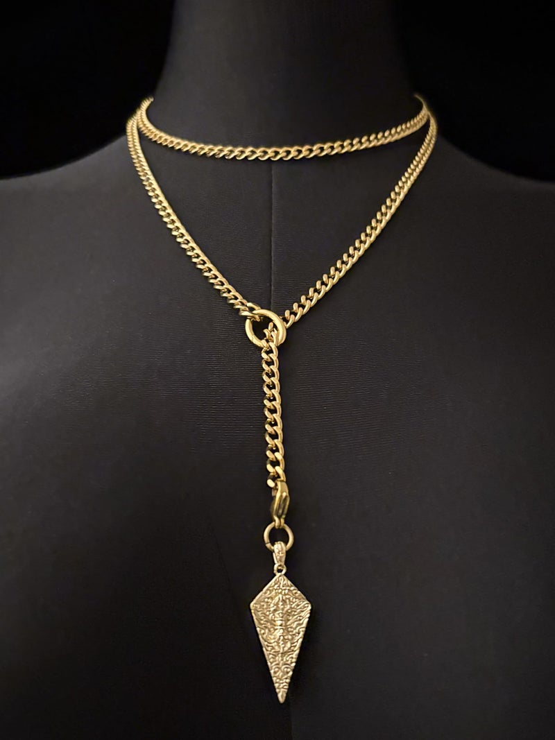 EverGlimp Knight's Shield Slip Chain Choker with Diamond Relief Pendant, Adjustable Long Y-Lariat Necklace for Women in 18K Gold Plated, 39'' - Image 2