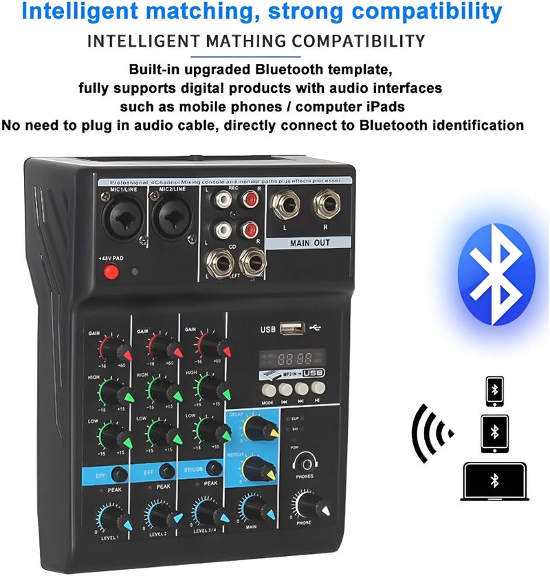 Powerpak F-4A 4 Channel Professional Audio Mixer Console System | Sound Board Digital USB Bluetooth MP3, Computer Input 48V Phantom Power Stereo DJ Studio Streaming FX 16-Bit DSP Processor - Image 3