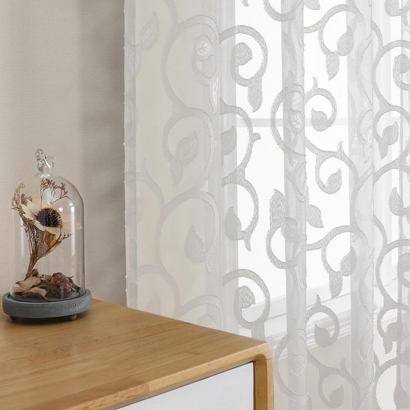 OWENIE Furman Sheer Curtains 72 inches Long 2 Panels Set, Light Filtering Top Rod Pocket Semi Sheer Door Curtains, Geometric Jacquard Clip Design for Bedroom Living Room, Ivory, 40Wx72L inch - Image 3