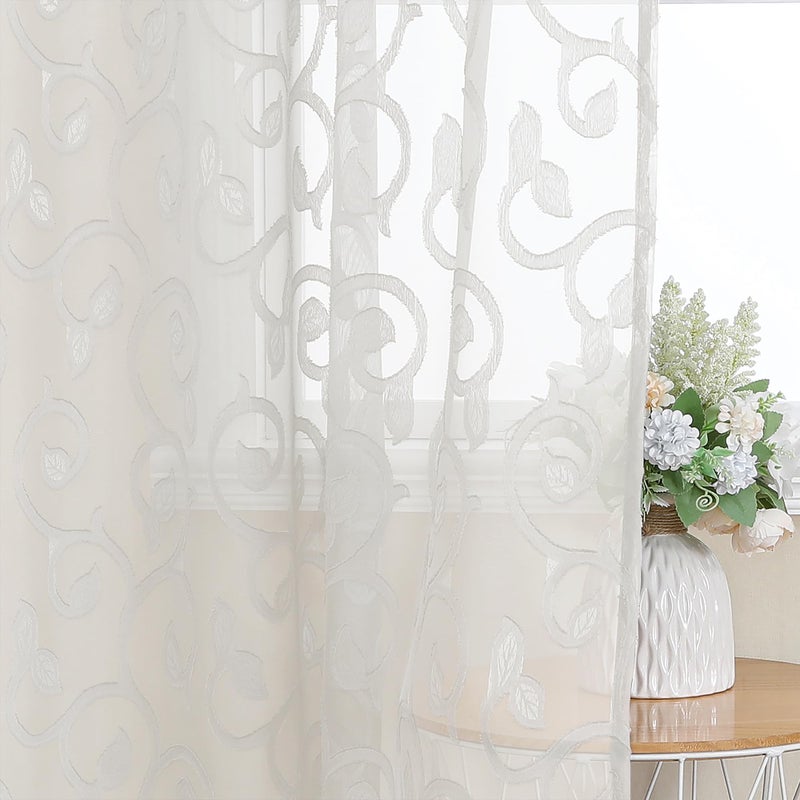 OWENIE Furman Sheer Curtains 72 inches Long 2 Panels Set, Light Filtering Top Rod Pocket Semi Sheer Door Curtains, Geometric Jacquard Clip Design for Bedroom Living Room, Ivory, 40Wx72L inch - Image 5