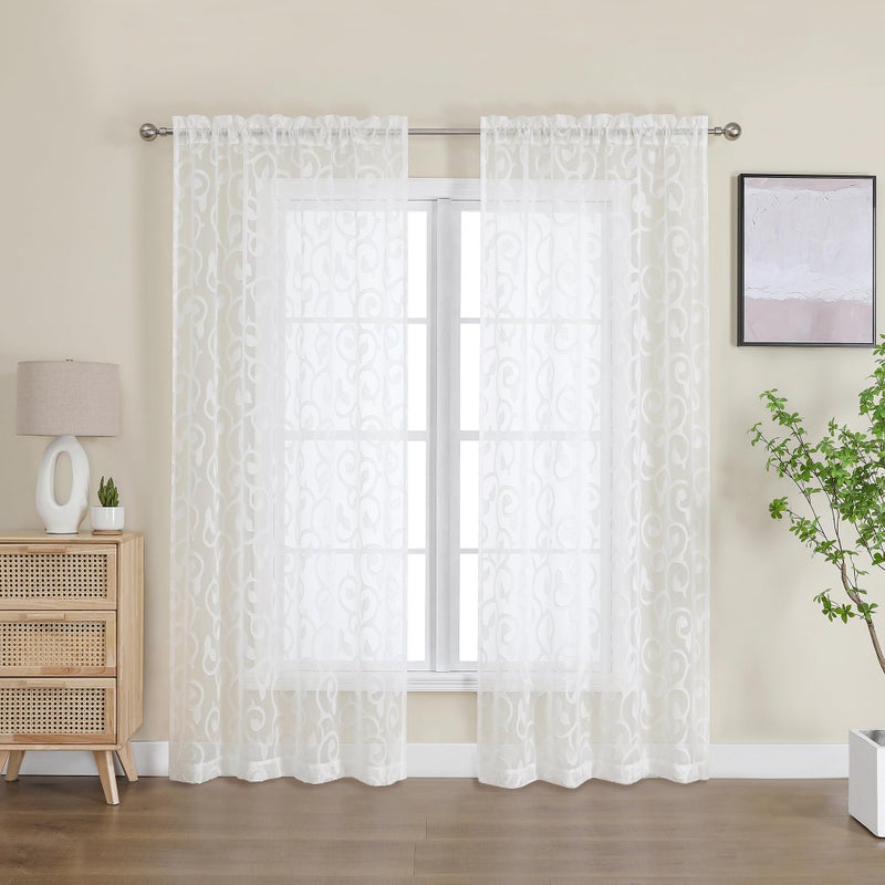 OWENIE Furman Sheer Curtains 72 inches Long 2 Panels Set, Light Filtering Top Rod Pocket Semi Sheer Door Curtains, Geometric Jacquard Clip Design for Bedroom Living Room, Ivory, 40Wx72L inch - Image 2