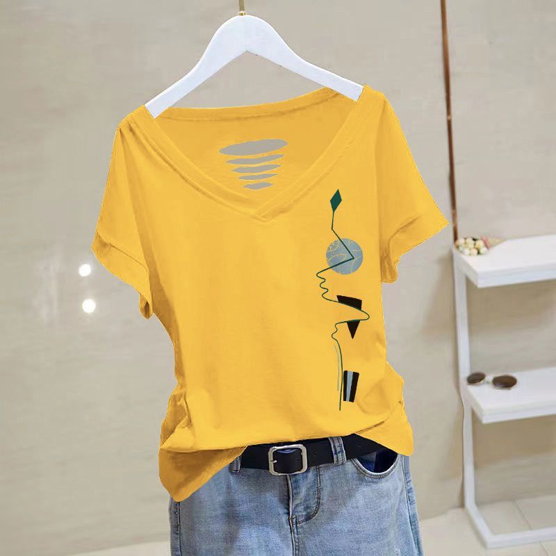 Pure Cotton V-Neck Short-Sleeved T-Shirt Women'S Summer Thin Korean Style Slim-Fit Printed Elegant Niche T-Shirt - Image 2
