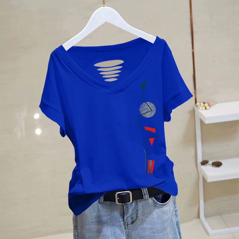 Pure Cotton V-Neck Short-Sleeved T-Shirt Women'S Summer Thin Korean Style Slim-Fit Printed Elegant Niche T-Shirt - Image 4