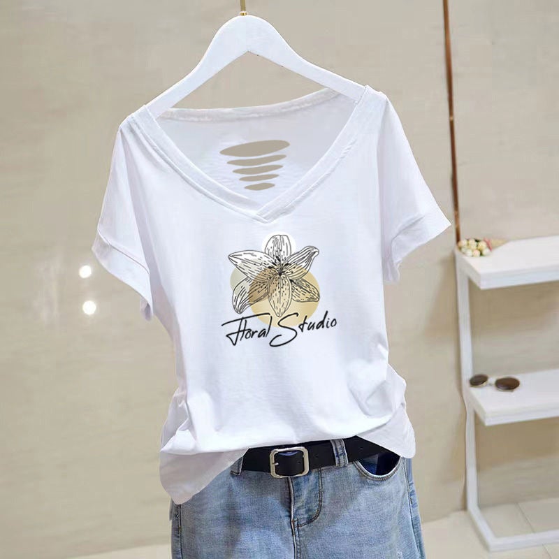 Pure Cotton V-Neck Short-Sleeved T-Shirt Women'S Summer Thin Korean Style Slim-Fit Printed Elegant Niche T-Shirt - Image 3