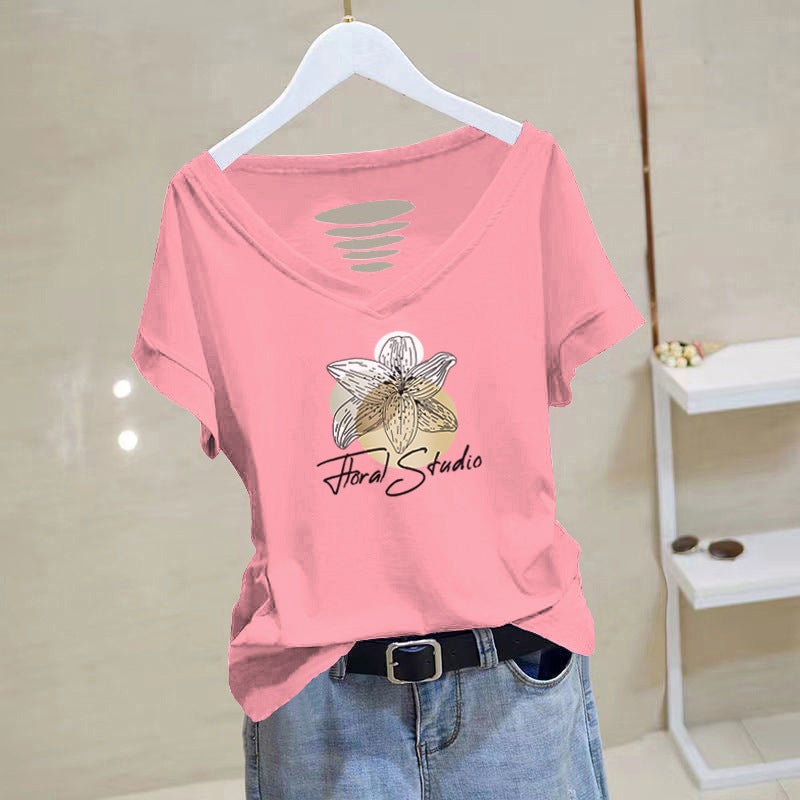 Pure Cotton V-Neck Short-Sleeved T-Shirt Women'S Summer Thin Korean Style Slim-Fit Printed Elegant Niche T-Shirt - Image 5