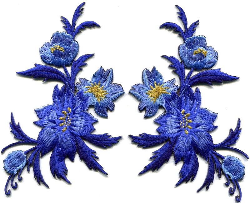 TKPatch Royal Blue Flowers Pair Floral Bouquet Boho Embroidered Appliques Iron-on Patches Pair S-830 - Image 4