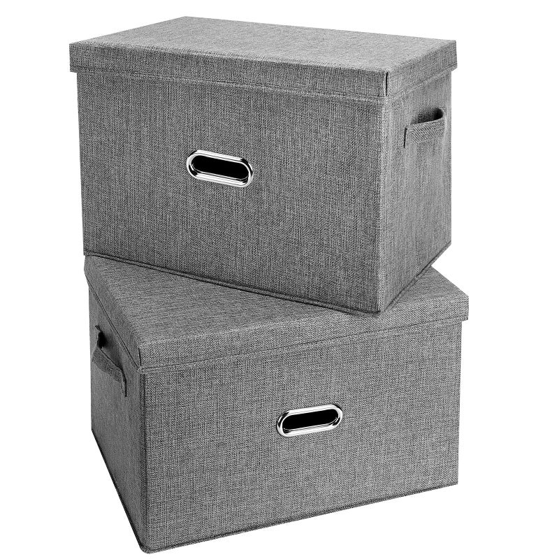 Valease Large Linen Fabric Foldable Storage Bins With Removable Lid And Handles, Washable Storage Box Organizer Containers Baskets Cube With Cover For Bedroom,Office (Grey, Small(2-Pack))