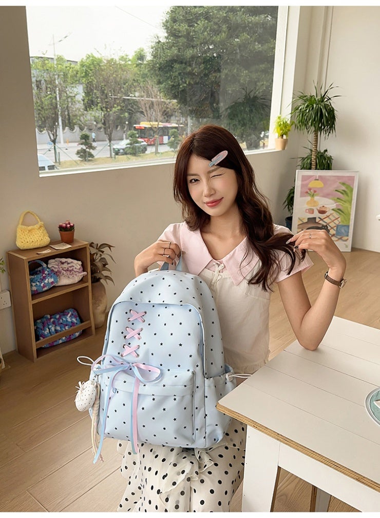 New Star Pattern Aesthetic Backpack, Large Capacity Bow Ribbon School Bag for Girls, Student Daypack for Junior High School - Image 4