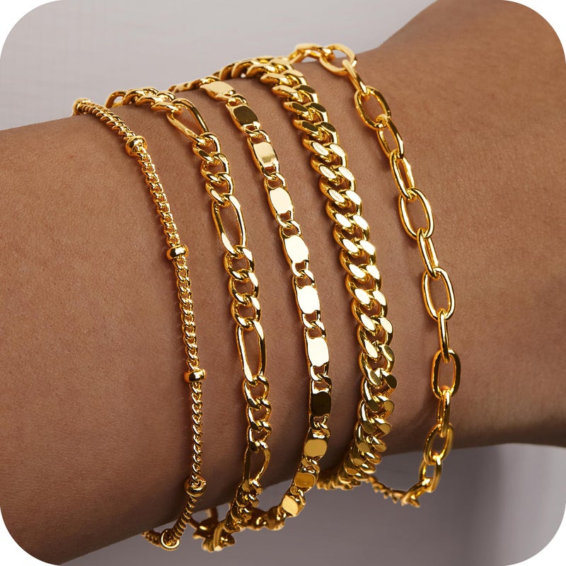 Gokeey Gold Bracelets for Women Trendy 14K Gold Plated Jewelry Sets Stack Dainty Stackable Paperclip Cuban Figaro Chain Bracelets Pack Layered Link Chain Bracelet for Women Cute 5pcs Adjustable - Image 2